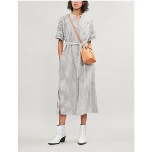 Frame NWOT Striped Button Up Belted Shirt Dress Linen Blend Size Medium